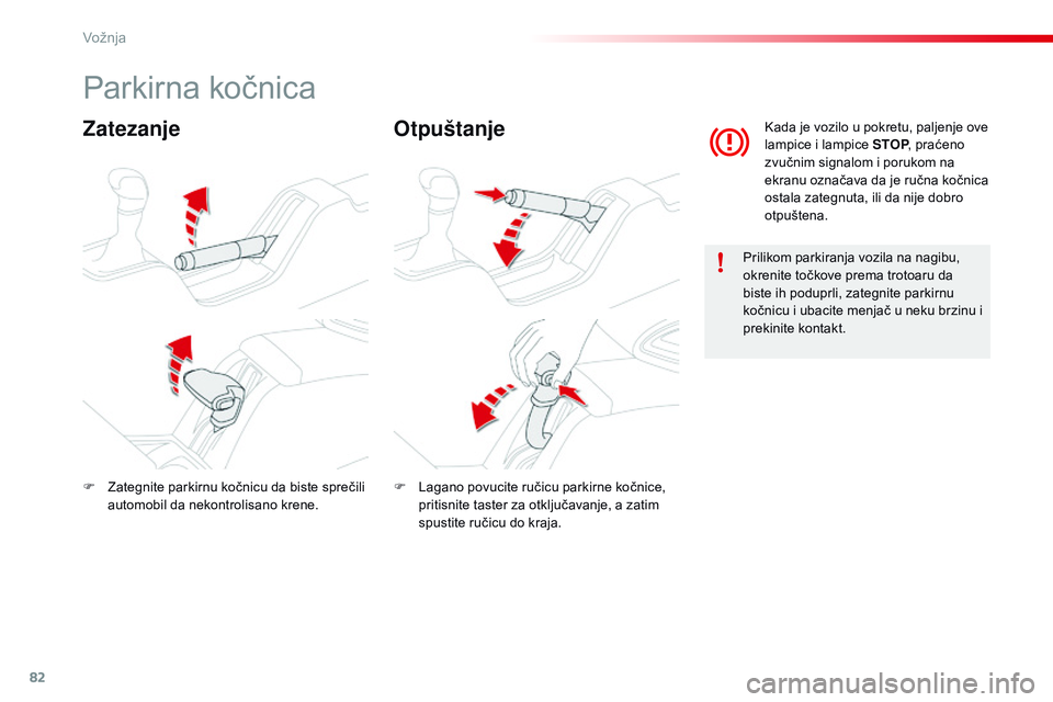 CITROEN C4 CACTUS 2015  Priručnik (in Serbian) 82
C4-cactus_sr_Chap05_conduite_ed02-2014
Parkirna kočnica
ZatezanjeOtpuštanje
Prilikom parkiranja vozila na nagibu, 
okrenite točkove prema trotoaru da 
biste ih poduprli, zategnite parkirnu 
koč CITROEN C4 CACTUS 2015  Priručnik (in Serbian) 82
C4-cactus_sr_Chap05_conduite_ed02-2014
Parkirna kočnica
ZatezanjeOtpuštanje
Prilikom parkiranja vozila na nagibu, 
okrenite točkove prema trotoaru da 
biste ih poduprli, zategnite parkirnu 
koč
