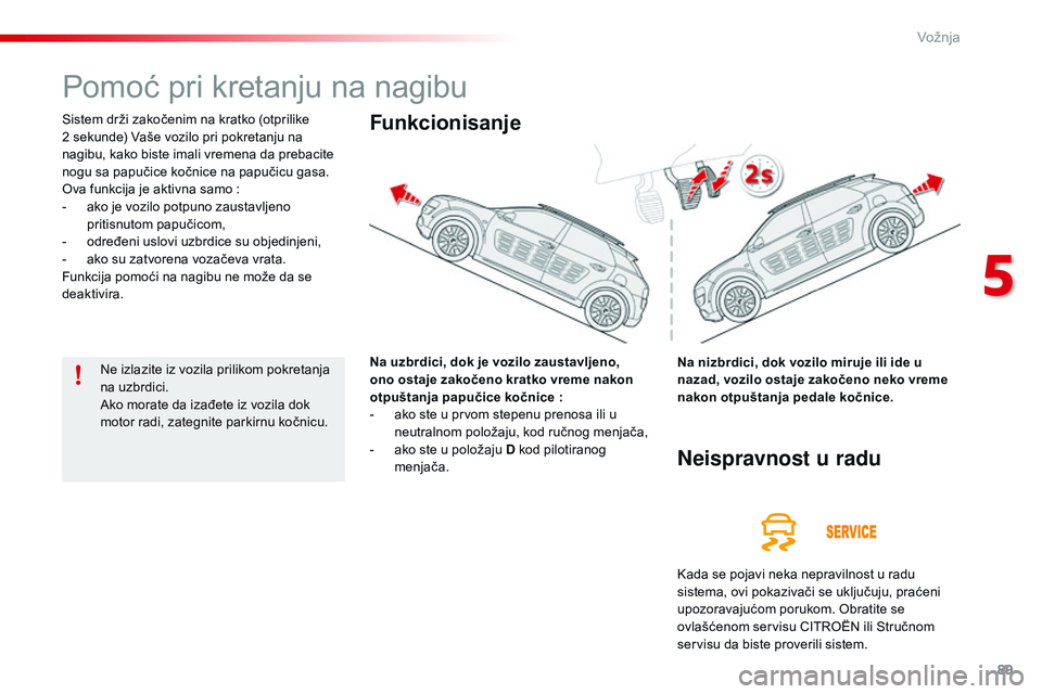 CITROEN C4 CACTUS 2015 Priručnik (in Serbian) 89
C4-cactus_sr_Chap05_conduite_ed02-2014
Pomoć pri kretanju na nagibu
sistem drži zakočenim na kratko (otprilike
2 sekunde) Vaše vozilo pri pokretanju na
nagibu, kako biste imali vremena da pr CITROEN C4 CACTUS 2015 Priručnik (in Serbian) 89
C4-cactus_sr_Chap05_conduite_ed02-2014
Pomoć pri kretanju na nagibu
sistem drži zakočenim na kratko (otprilike
2 sekunde) Vaše vozilo pri pokretanju na
nagibu, kako biste imali vremena da pr