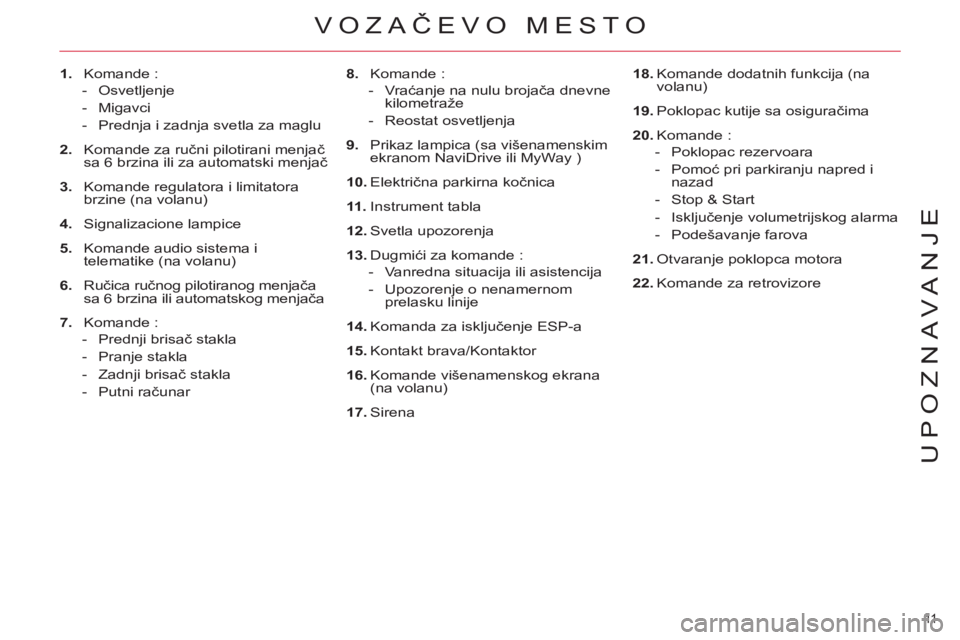 CITROEN C4 PICASSO 2013  Priručnik (in Serbian) 11  
UPOZNAVANJE
   
8. 
 Komande : 
   
 
-  Vraćanje na nulu brojača dnevne 
kilometraže 
   
-  Reostat osvetljenja  
   
9. 
  Prikaz lampica (sa višenamenskim 
ekranom NaviDrive ili MyWay ) 
