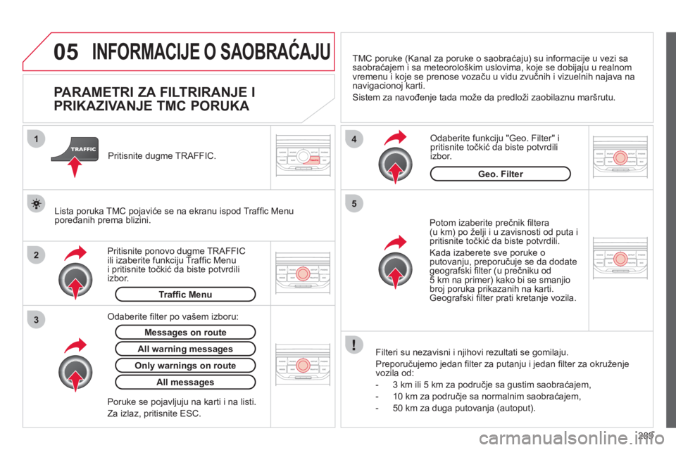 CITROEN C4 PICASSO 2013  Priručnik (in Serbian) 289
05
2 1
3
4
5
INFORMACIJE O SAOBRAĆAJU
 
 
 
 
 
 
 
 
 
 
PARAMETRI ZA FILTRIRANJE I 
PRIKAZIVANJE TMC PORUKA 
   
Potom izaberite prečnik ﬁ ltera (u km) po ûelji i u zavisnosti od puta i pri