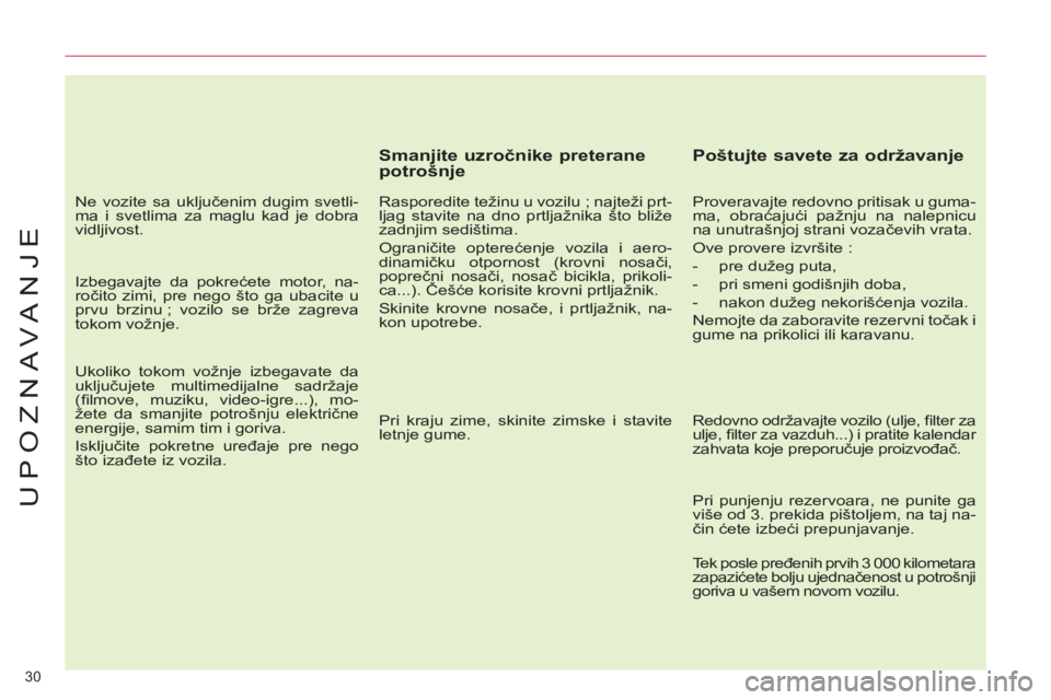 CITROEN C4 PICASSO 2013 Priručnik (in Serbian) 30
UPOZNAVANJE
Smanjite uzročnike preterane
potrošnje
Rasporedite težinu u vozilu ; najteži prt-
ljag stavite na dno prtljažnika što bliže
zadnjim sedištima.
Ograničite optere CITROEN C4 PICASSO 2013 Priručnik (in Serbian) 30
UPOZNAVANJE
Smanjite uzročnike preterane
potrošnje
Rasporedite težinu u vozilu ; najteži prt-
ljag stavite na dno prtljažnika što bliže
zadnjim sedištima.
Ograničite optere
