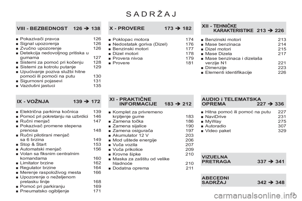 CITROEN C4 PICASSO 2013  Priručnik (in Serbian) SADRŽAJ
3 
Pokazivači pravca  126Signal upozorenja 126Zvučno upozorenje 126Detekcija nedovoljnog pritiska ugumama 127Sistemi za pomoć pri kočenju 128Sistemi za kotrolu putanje 129Upućivanje pozi