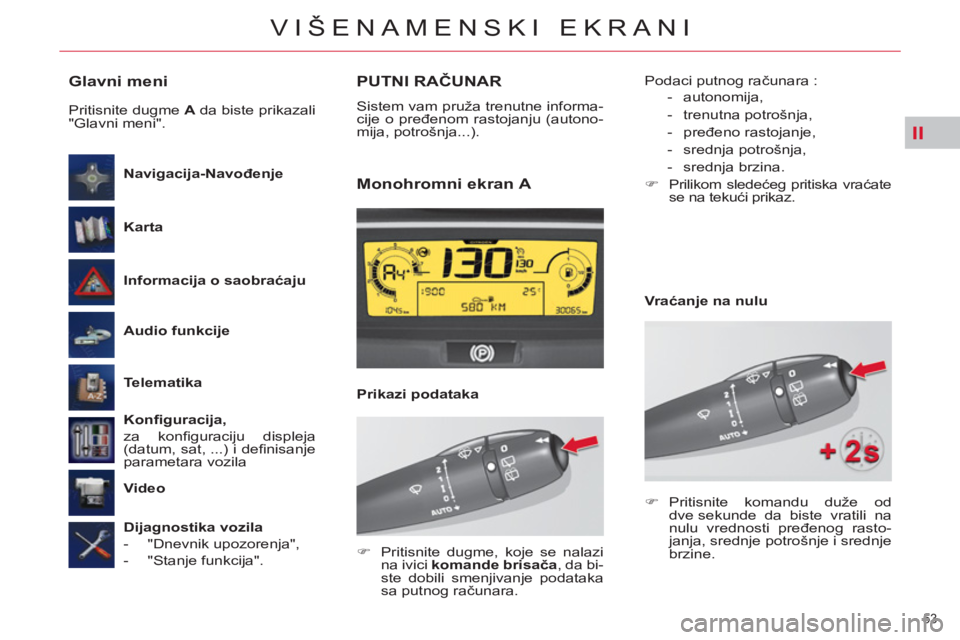 CITROEN C4 PICASSO 2013  Priručnik (in Serbian) II
53 
VIŠENAMENSKI EKRANI
   
Glavni meni 
 
 
Informacija o saobraćaju 
     
Navigacija-Navođenje 
 
   
Karta 
 
   
Audio funkcije 
 
   
Telematika 
 
   
Konﬁ guracija, 
   
za konﬁ gura