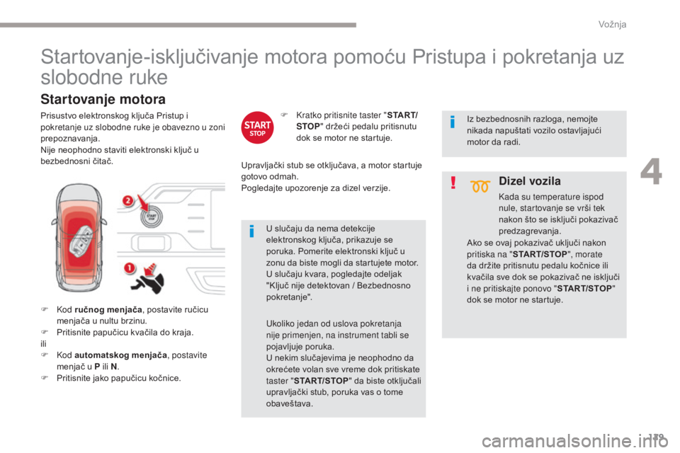 CITROEN C4 SPACETOURER 2018 Priručnik (in Serbian) 129
C4-Picasso-II_sr_Chap04_conduite_ed02-2016
Startovanje-isključivanje motora pomoću Pristupa i pokretanja uz
slobodne ruke
F Kod ručnog menjača , postavite ručicu
menjača u nultu brzinu.
F
CITROEN C4 SPACETOURER 2018 Priručnik (in Serbian) 129
C4-Picasso-II_sr_Chap04_conduite_ed02-2016
Startovanje-isključivanje motora pomoću Pristupa i pokretanja uz
slobodne ruke
F Kod ručnog menjača , postavite ručicu
menjača u nultu brzinu.
F