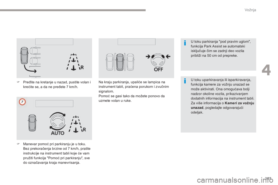 CITROEN C4 SPACETOURER 2018  Priručnik (in Serbian) 203
C4-Picasso-II_sr_Chap04_conduite_ed02-2016
F Pređite na kretanje u nazad, pustite volan i krećite se, a da ne pređete 7 km/h.
F
 
M
 anevar pomoć pri parkiranju je u toku.
 B

ez prekoračenja