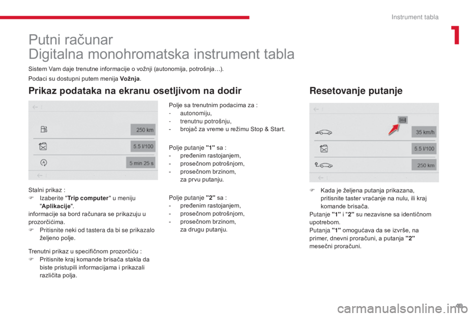 CITROEN C4 SPACETOURER 2018 Priručnik (in Serbian) 49
C4-Picasso-II_sr_Chap01_instruments-bord_ed02-2016
Putni računar
Digitalna monohromatska instrument tabla
Sistem Vam daje trenutne informacije o vožnji (autonomija, potrošnja…).
Prikaz podatak CITROEN C4 SPACETOURER 2018 Priručnik (in Serbian) 49
C4-Picasso-II_sr_Chap01_instruments-bord_ed02-2016
Putni računar
Digitalna monohromatska instrument tabla
Sistem Vam daje trenutne informacije o vožnji (autonomija, potrošnja…).
Prikaz podatak