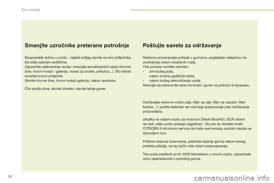 CITROEN C4 SPACETOURER 2016 Priručnik (in Serbian) 10
C4-Picasso-II_sr_Chap00c_eco-conduite_ed01-2016
Smanjite uzročnike preterane potrošnje
Rasporedite težinu u vozilu ; najteži prtljag stavite na dno prtljažnika
š to bliže zadnjim sedištima CITROEN C4 SPACETOURER 2016 Priručnik (in Serbian) 10
C4-Picasso-II_sr_Chap00c_eco-conduite_ed01-2016
Smanjite uzročnike preterane potrošnje
Rasporedite težinu u vozilu ; najteži prtljag stavite na dno prtljažnika
š to bliže zadnjim sedištima