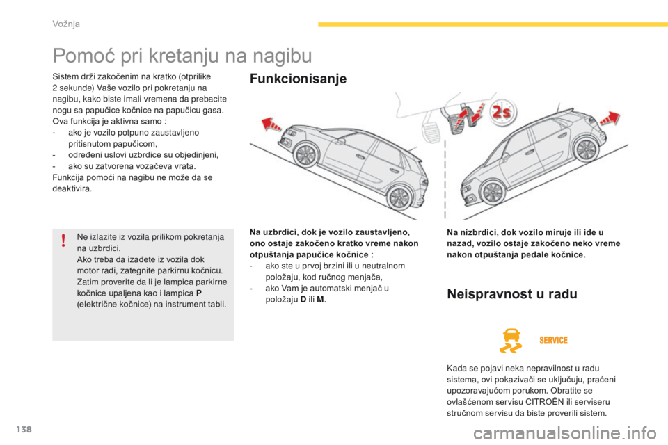 CITROEN C4 SPACETOURER 2016  Priručnik (in Serbian) 138
C4-Picasso-II_sr_Chap04_conduite_ed01-2016
Pomoć pri kretanju na nagibu
Sistem drži zakočenim na kratko (otprilike 
2  sekunde) Vaše vozilo pri pokretanju na 
nagibu, kako biste imali vremena 