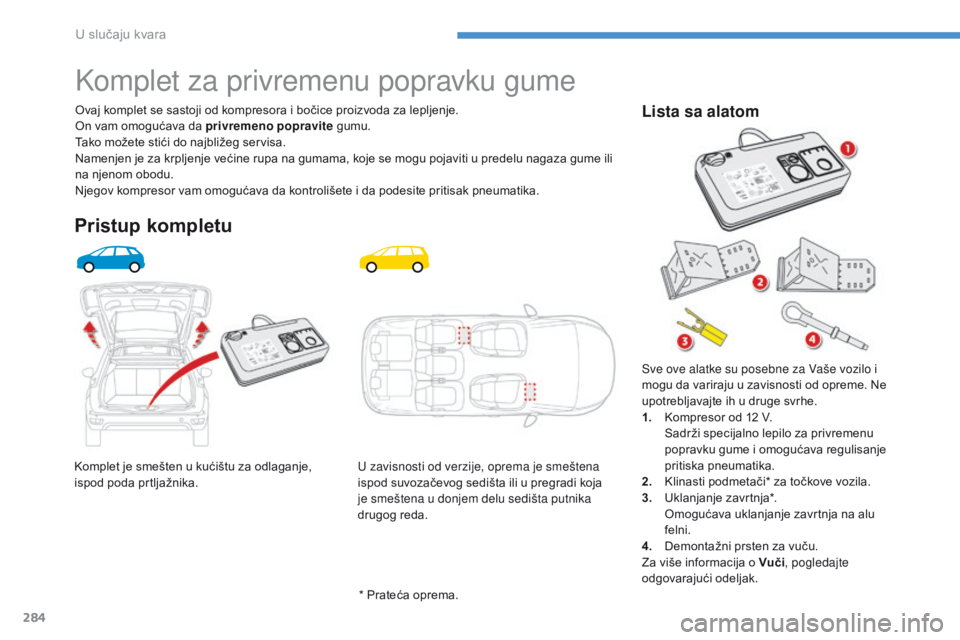 CITROEN C4 SPACETOURER 2016 Priručnik (in Serbian) 284
C4-Picasso-II_sr_Chap08_en-cas-panne_ed01-2016
Komplet je smešten u kućištu za odlaganje,
ispod poda prtljažnika.Ovaj komplet se sastoji od kompresora i bočice proizvoda za lepljenje.
On vam CITROEN C4 SPACETOURER 2016 Priručnik (in Serbian) 284
C4-Picasso-II_sr_Chap08_en-cas-panne_ed01-2016
Komplet je smešten u kućištu za odlaganje,
ispod poda prtljažnika.Ovaj komplet se sastoji od kompresora i bočice proizvoda za lepljenje.
On vam