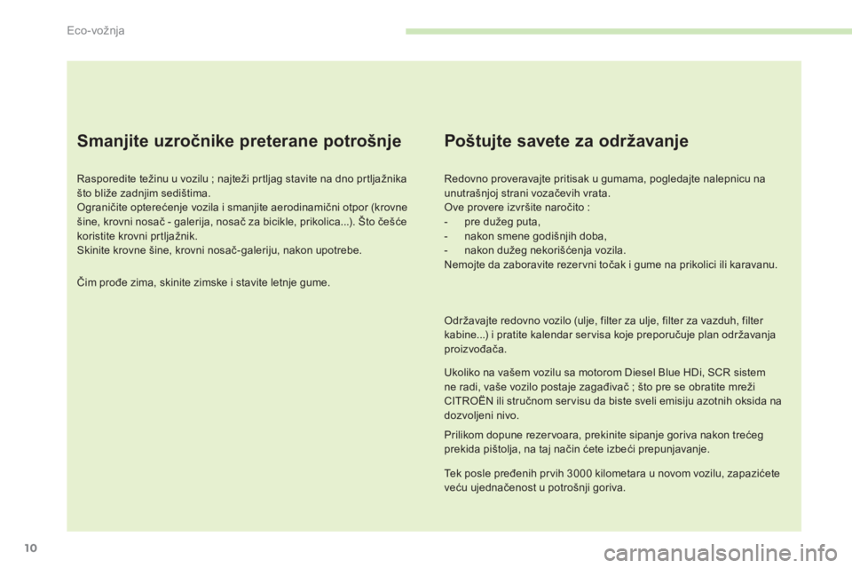 CITROEN C4 SPACETOURER 2015 Priručnik (in Serbian) 10
C4-Picasso-II_sr_Chap00c_eco-conduite_ed01-2014
Smanjite uzročnike preterane potrošnje
rasporedite težinu u vozilu ; najteži prtljag stavite na dno prtljažnika
što bliže zadnjim sedištima CITROEN C4 SPACETOURER 2015 Priručnik (in Serbian) 10
C4-Picasso-II_sr_Chap00c_eco-conduite_ed01-2014
Smanjite uzročnike preterane potrošnje
rasporedite težinu u vozilu ; najteži prtljag stavite na dno prtljažnika
što bliže zadnjim sedištima