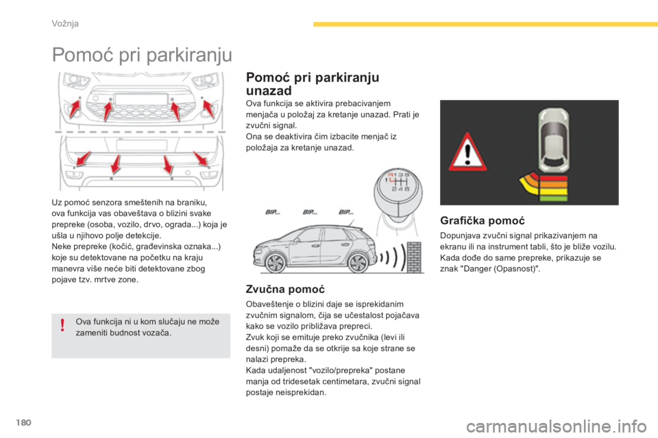 CITROEN C4 SPACETOURER 2015  Priručnik (in Serbian) 180
C4-Picasso-ii_sr_Chap04_conduite_ed01-2014
Uz pomoć senzora smeštenih na braniku, 
ova funkcija vas obaveštava o blizini svake 
prepreke (osoba, vozilo, drvo, ograda...) koja je 
ušla u njihov