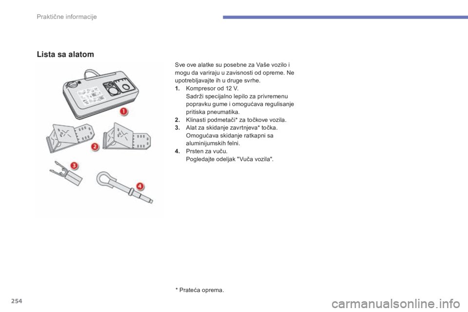 CITROEN C4 SPACETOURER 2015 Priručnik (in Serbian) 254
C4-Picasso-II_sr_Chap07_info-pratiques_ed01-2014
Lista sa alatom
* Prateća oprema.
sv
e ove alatke su posebne za Vaše vozilo i
mogu da variraju u zavisnosti od opreme. n
e
u
potrebljavajte i CITROEN C4 SPACETOURER 2015 Priručnik (in Serbian) 254
C4-Picasso-II_sr_Chap07_info-pratiques_ed01-2014
Lista sa alatom
* Prateća oprema.
sv
e ove alatke su posebne za Vaše vozilo i
mogu da variraju u zavisnosti od opreme. n
e
u
potrebljavajte i