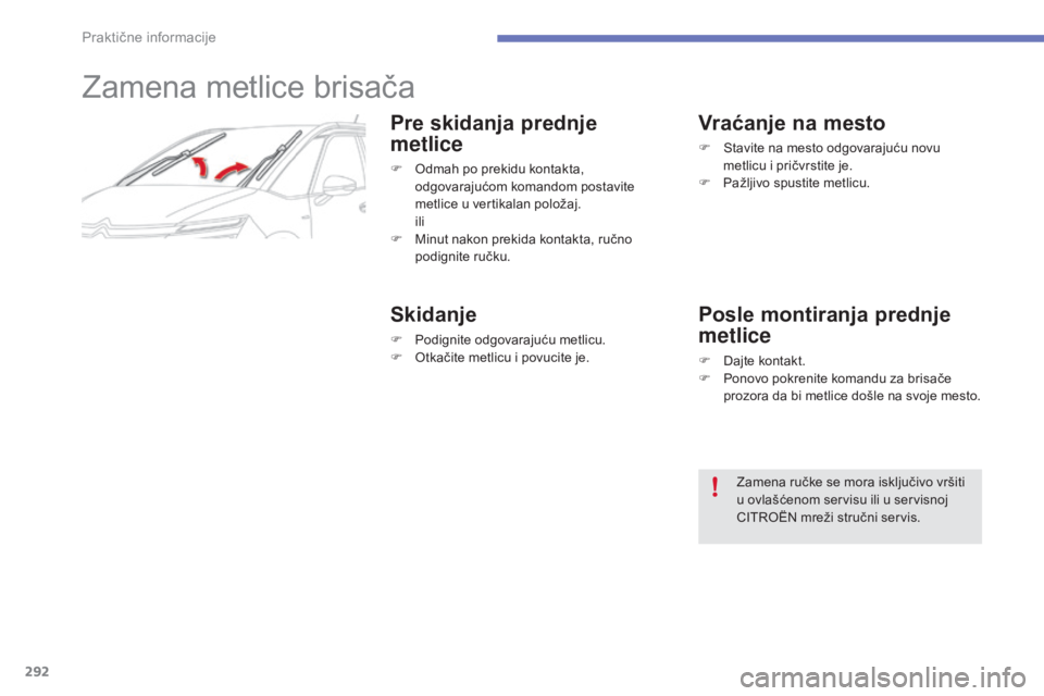 CITROEN C4 SPACETOURER 2015  Priručnik (in Serbian) 292
C4-Picasso-II_sr_Chap07_info-pratiques_ed01-2014
zamena metlice brisača
Pre skidanja prednje 
metlice
F  odmah po prekidu kontakta, odgovarajućom komandom postavite 
metlice u vertikalan položa