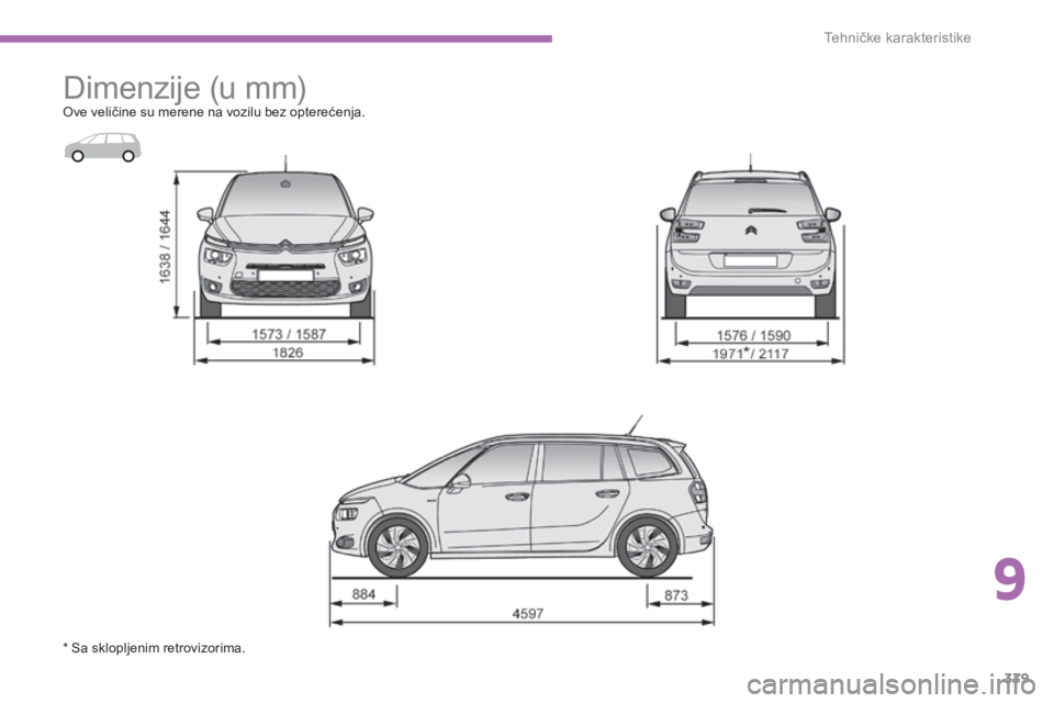 CITROEN C4 SPACETOURER 2015 Priručnik (in Serbian) 339
C4-Picasso-ii_sr_Chap09_caracteristiques-techniques_ed01-2014
dimenzije (u mm)ove veličine su merene na vozilu bez opterećenja.
* s
a s
klopljenim retrovizorima.
9
Tehničke karakteristike CITROEN C4 SPACETOURER 2015 Priručnik (in Serbian) 339
C4-Picasso-ii_sr_Chap09_caracteristiques-techniques_ed01-2014
dimenzije (u mm)ove veličine su merene na vozilu bez opterećenja.
* s
a s
klopljenim retrovizorima.
9
Tehničke karakteristike