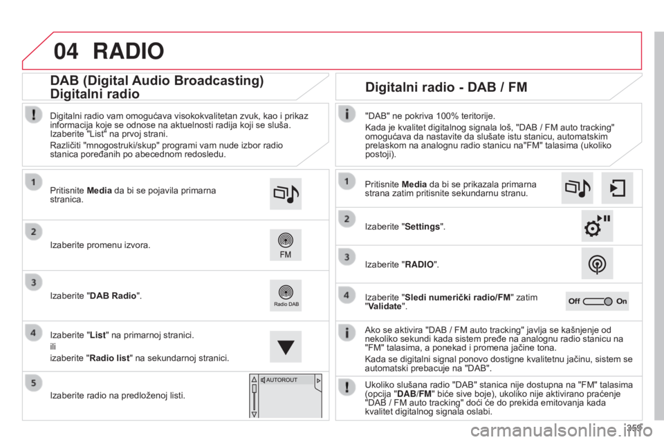 CITROEN C4 SPACETOURER 2015  Priručnik (in Serbian) 04
359
C4-Picasso-ii_sr_Chap10b_sMeGplus_ed01-2014
RADIO
ako se aktivira "daB / FM auto tracking" javlja se kašnjenje od 
nekoliko sekundi kada sistem pređe na analognu radio stanicu na 
