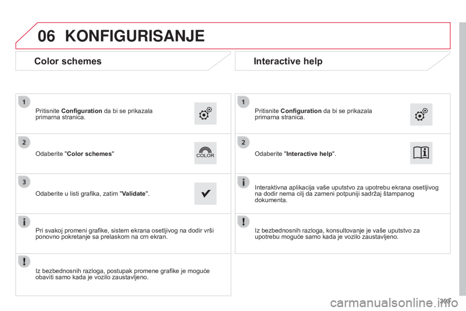 CITROEN C4 SPACETOURER 2015  Priručnik (in Serbian) 06
C4-Picasso-ii_sr_Chap10b_sMeGplus_ed01-2014
393
KONFIGURISANjE
odaberite "Interactive help".
Pritisnite  Configuration
 da bi se prikazala 
primarna stranica.
i

nteraktivna aplikacija vaš