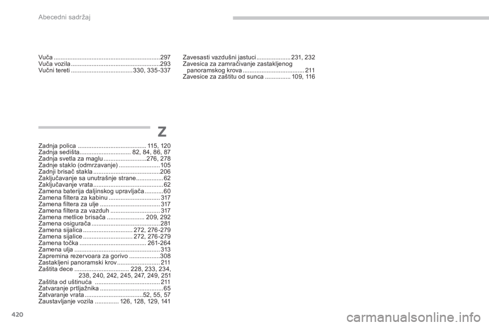 CITROEN C4 SPACETOURER 2015  Priručnik (in Serbian) 420
C4-Picasso-ii_sr_Chap11_index-alpha_ed01-2014
zavesasti vazdušni jastuci  .................... 2 31, 232za
vesica za zamračivanje zastakljenog 
panoramskog krova
 ...............................