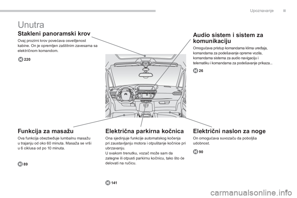 CITROEN C4 SPACETOURER 2014  Priručnik (in Serbian) .
9
Upoznavanje
  Unutra 
 
 
Stakleni panoramski krov 
 Ovaj prozirni krov povećava osvetljenost 
kabine. On je opremljen zaštitnim zavesama saelektričnom komandom. 
89
220
2
6
90
141
   
Funkcija