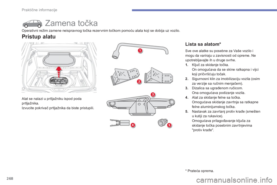 CITROEN C4 SPACETOURER 2014  Priručnik (in Serbian) 268
Praktične informacije
 
 
 
 
 
 
 
 
 
 
 
 
 
 
 
Zamena točka 
 Alat se nalazi u pr tljažniku ispod poda prtljažnika.
Izvucite pokrivač prtljažnika da biste pristupili.
Pristup alatu 
 
 