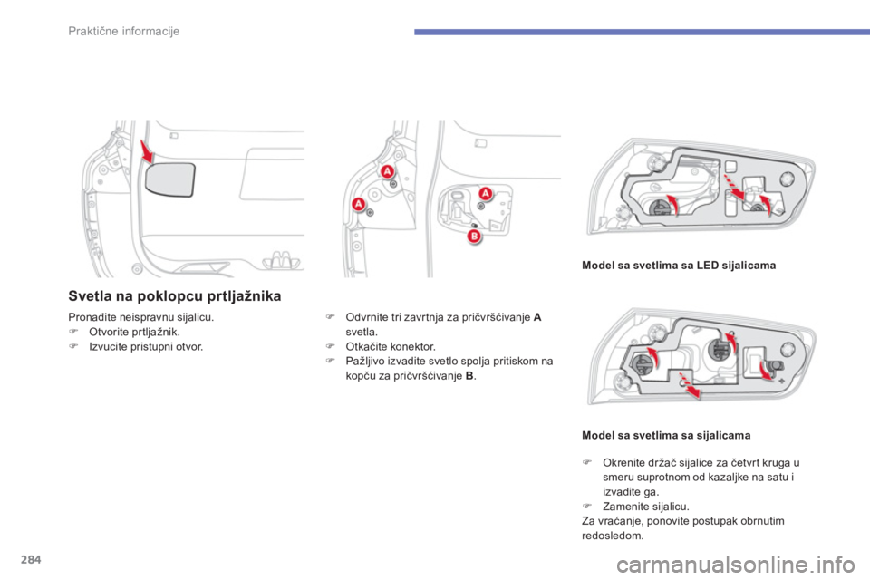 CITROEN C4 SPACETOURER 2014  Priručnik (in Serbian) 284
Praktične informacije
Svetla na poklopcu prtljažnika
Model sa svetlima sa LED sijalicama
Pronađite neispravnu sijalicu. �)Otvorite prtljažnik. �)Izvucite pristupni otvor. 
Model sa svetlima sa