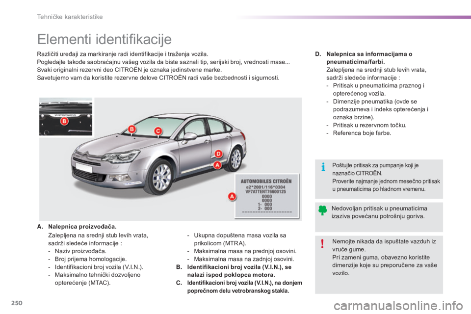 CITROEN C5 2016  Priručnik (in Serbian) 250
C5_sr_Chap10_caracteristique_ed01-2015
elementi identifikacije
različiti uređaji za markiranje radi identifikacije i traženja vozila.
Pogledajte takođe saobraćajnu vašeg vozila da biste sazn