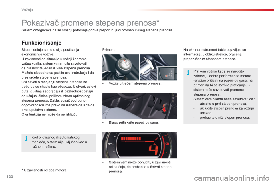 CITROEN C5 2015 Priručnik (in Serbian) 120
C5_sr_Chap04_conduite_ed01-2014
sistem omogućava da se smanji potrošnja goriva preporučujući promenu višeg stepena prenosa.
si
stem deluje samo u cilju postizanja
ekonomičnije vožnje.
U z CITROEN C5 2015 Priručnik (in Serbian) 120
C5_sr_Chap04_conduite_ed01-2014
sistem omogućava da se smanji potrošnja goriva preporučujući promenu višeg stepena prenosa.
si
stem deluje samo u cilju postizanja
ekonomičnije vožnje.
U z
