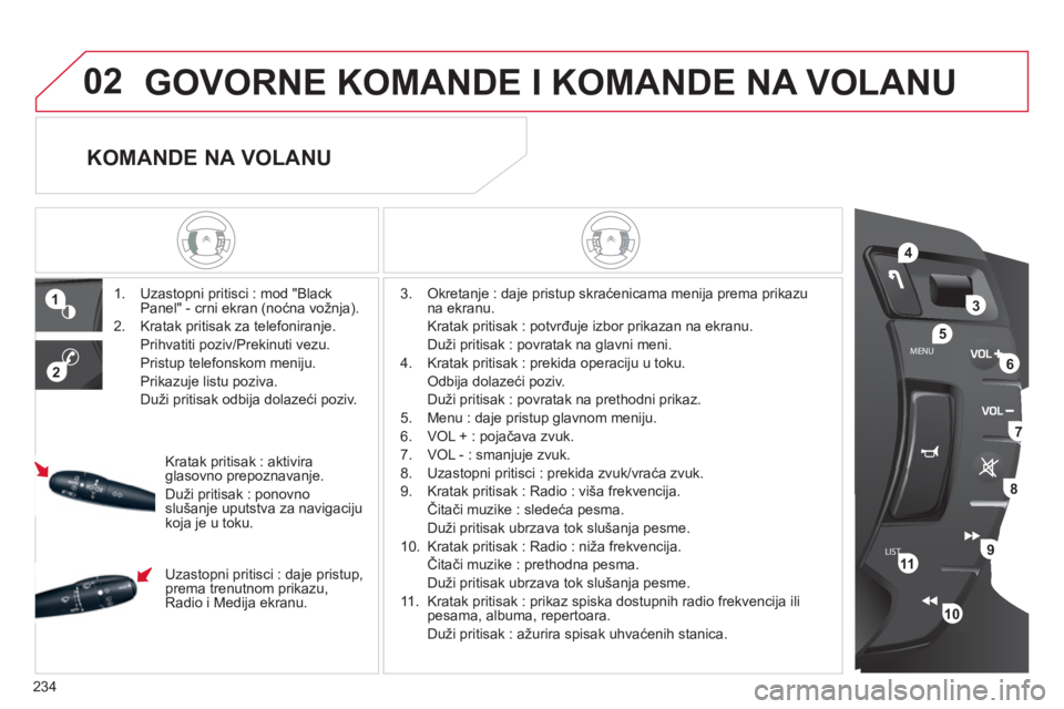 CITROEN C5 2012 Priručnik (in Serbian) 234
LISTMENU
1
2
02
4
3
5
6
7
8
9
10
11
GOVORNE KOMANDE I KOMANDE NA VOLANU
1. Uzastopni pritisci : mod "Black
Panel" - crni ekran (noćna vožnja).
2. Kratak pritisak za telefoniran
CITROEN C5 2012 Priručnik (in Serbian) 234
LISTMENU
1
2
02
4
3
5
6
7
8
9
10
11
GOVORNE KOMANDE I KOMANDE NA VOLANU
1. Uzastopni pritisci : mod "Black
Panel" - crni ekran (noćna vožnja).
2. Kratak pritisak za telefoniran