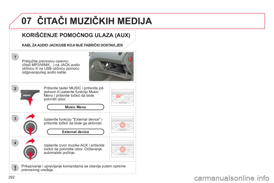 CITROEN C5 2012 Priručnik (in Serbian) 292
07
43 1
2
ČITAČI MUZIČKIH MEDIJA
Priključite prenosivu opremu (čitač MP3/WMA…) na JACK audio
utičnicu ili na USB utičnicu pomoćuodgovarajućeg audio kabla.
Pritisnite taster MU CITROEN C5 2012 Priručnik (in Serbian) 292
07
43 1
2
ČITAČI MUZIČKIH MEDIJA
Priključite prenosivu opremu (čitač MP3/WMA…) na JACK audio
utičnicu ili na USB utičnicu pomoćuodgovarajućeg audio kabla.
Pritisnite taster MU