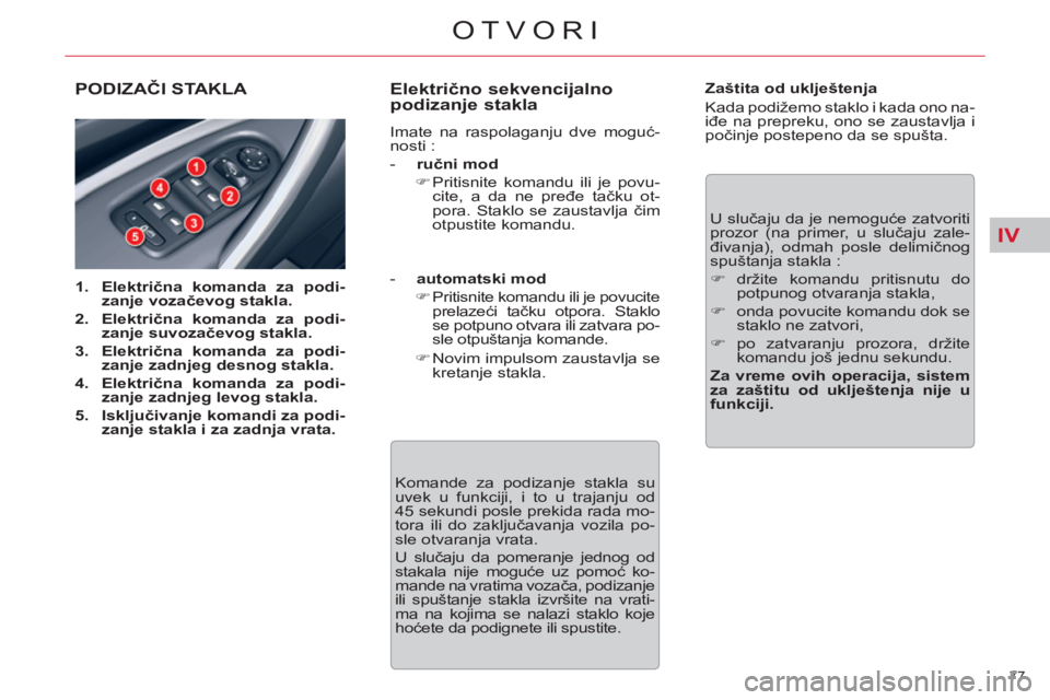 CITROEN C5 2012  Priručnik (in Serbian) IV
77 
OTVORI
PODIZAČI STAKLA 
 
 
 
1. 
  Električna komanda za podi-
zanje vozačevog stakla. 
 
   
2. 
  Električna komanda za podi-
zanje suvozačevog stakla. 
 
   
3. 
  Električna komanda 