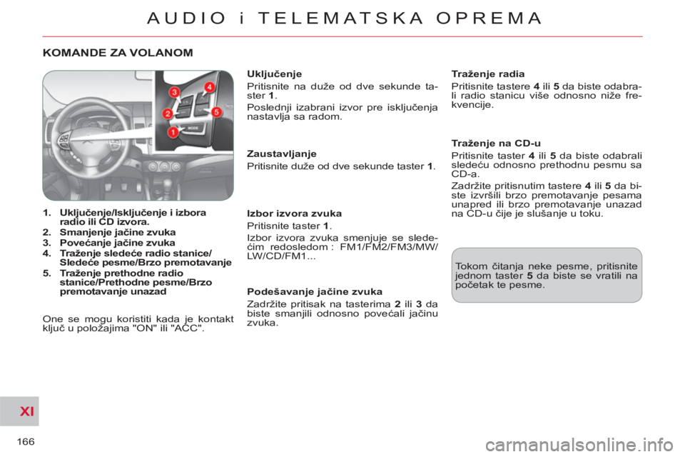 CITROEN C-CROSSER 2012 Priručnik (in Serbian) XI
166
AUDIO i TELEMATSKA OPREMA
KOMANDE ZA VOLANOM
1.
Uključenje/Isključenje i izbora
radio ili CD izvora.
2.
Smanjenje jačine zvuka
3.
Povećanje jačine zvuka
CITROEN C-CROSSER 2012 Priručnik (in Serbian) XI
166
AUDIO i TELEMATSKA OPREMA
KOMANDE ZA VOLANOM
1.
Uključenje/Isključenje i izbora
radio ili CD izvora.
2.
Smanjenje jačine zvuka
3.
Povećanje jačine zvuka