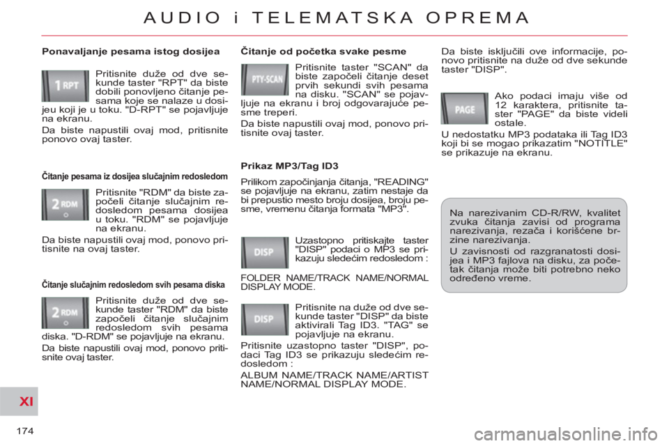 CITROEN C-CROSSER 2012 Priručnik (in Serbian) XI
174
AUDIO i TELEMATSKA OPREMA
Prilikom započinjanja čitanja, "READING"
se pojavljuje na ekranu, zatim nestaje da
bi prepustio mesto broju dosijea, broju pe-
sme, vremenu čitanja formata "MP3 CITROEN C-CROSSER 2012 Priručnik (in Serbian) XI
174
AUDIO i TELEMATSKA OPREMA
Prilikom započinjanja čitanja, "READING"
se pojavljuje na ekranu, zatim nestaje da
bi prepustio mesto broju dosijea, broju pe-
sme, vremenu čitanja formata "MP3