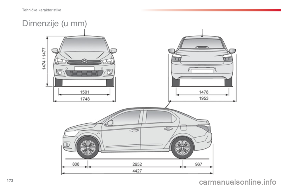 CITROEN C-ELYSÉE 2014  Priručnik (in Serbian) 172
Tehničke karakteristike
 
 
 
 
 
 
Dimenzije (u mm)  