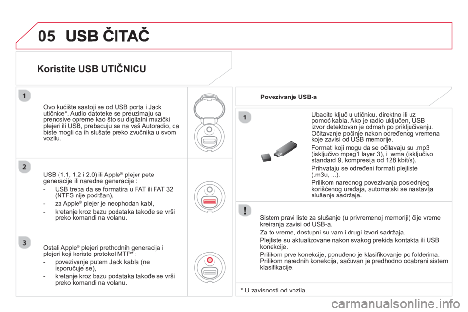 CITROEN DS3 2014  Priručnik (in Serbian) 05
   Sistem pravi liste za slušanje (u privremenoj memoriji) čije vreme 
kreiranja zavisi od USB-a. 
  Za to vreme, dostupni su vam i dru
gi izvori sadržaja.
  Ple
jliste su aktualizovane nakon sv