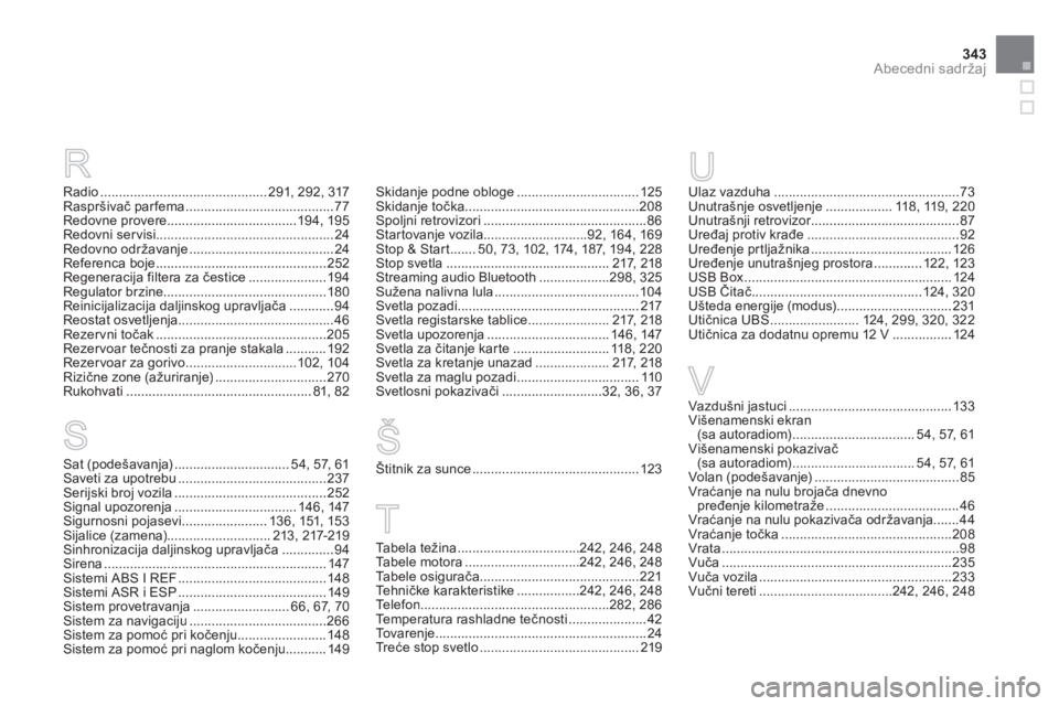 CITROEN DS3 2014  Priručnik (in Serbian) 343Abecedni sadržaj
S R
Radio.............................................291, 292,317Raspršivač parfema........................................77Redovne provere...................................1