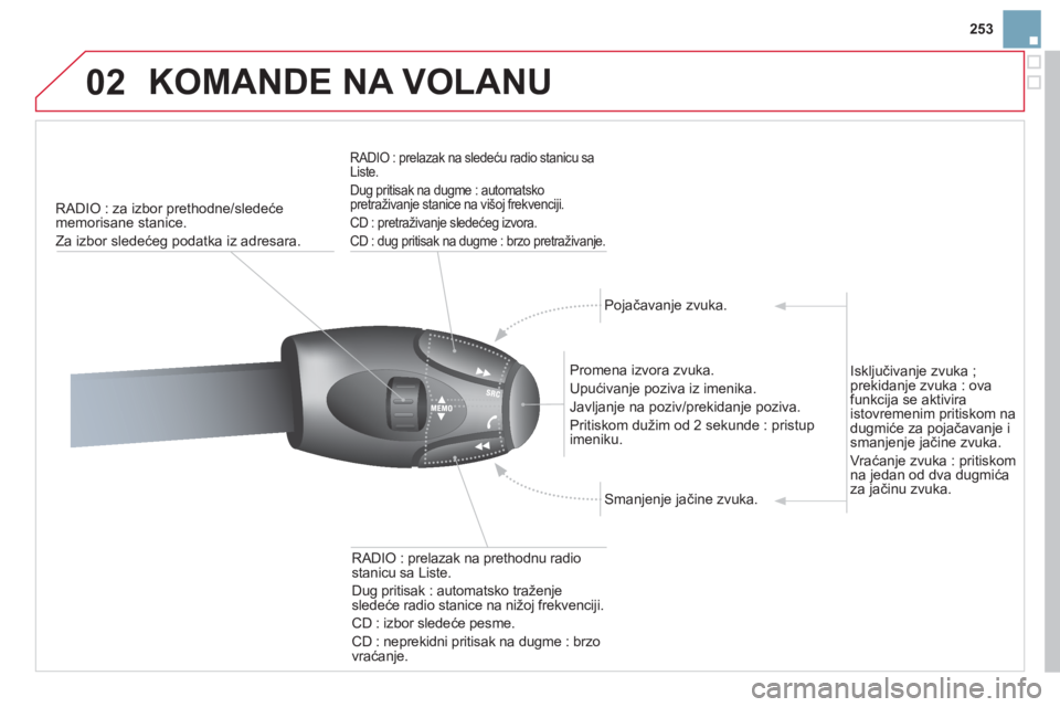 CITROEN DS3 2013  Priručnik (in Serbian) 253
02  KOMANDE NA VOLANU 
RADIO : za izbor prethodne/sledeće
memorisane stanice. 
Za izbor slede
ćeg podatka iz adresara.  
 
 
RADIO : prelazak na sledeću radio stanicu sa Liste. 
 
Dug pritisak 
