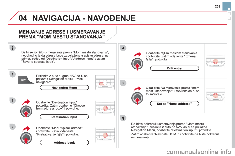 CITROEN DS3 2013  Priručnik (in Serbian) 259
04
1
2
3
5
4
NAVIGACIJA - NAVOĐENJE
 
 
MENJANJE ADRESE I USMERAVANJE 
PREMA "MOM MESTU STANOVANJA" 
Pritisnite 2 puta dugme NAV da bi se
prikazao Navigation Menu - "Meni
navigacije".    
Da bi s