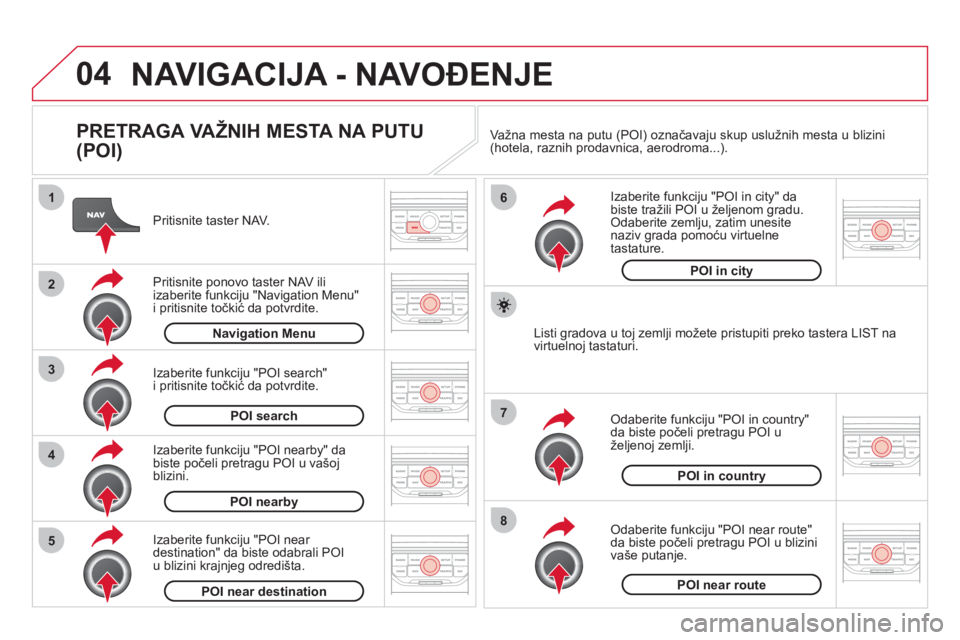 CITROEN DS3 2013  Priručnik (in Serbian) 04
8
6
7
4
3
5
2
1
NAVIGACIJA - NAVOĐENJE
 
 
PRETRAGA VAŽNIH MESTA NA PUTU 
(POI) 
   
Pritisnite taster NAV.  
   
Pritisnite ponovo taster NAV ili 
izaberite funkciju "Navigation Menu" 
i pritisn