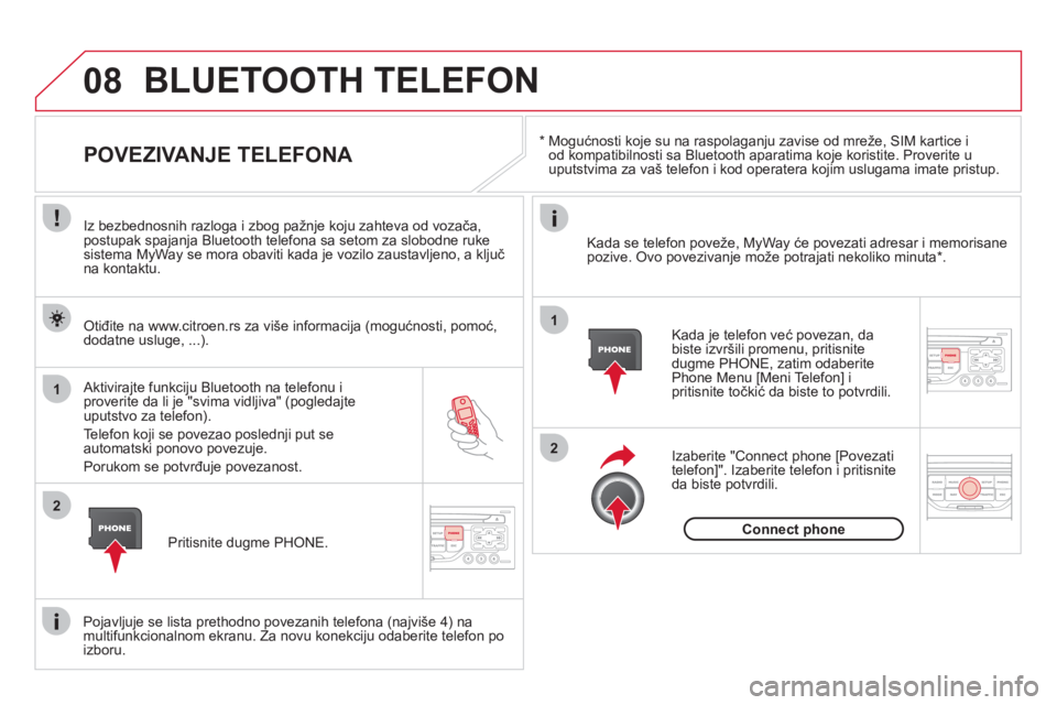 CITROEN DS3 2013  Priručnik (in Serbian) 08
1
2
2
1
   * 
 
  Mogućnosti koje su na raspolaganju zavise od mreže, SIM kartice i
od kompatibilnosti sa Bluetooth aparatima koje koristite. Proverite u uputstvima za vaš telefon i kod operater