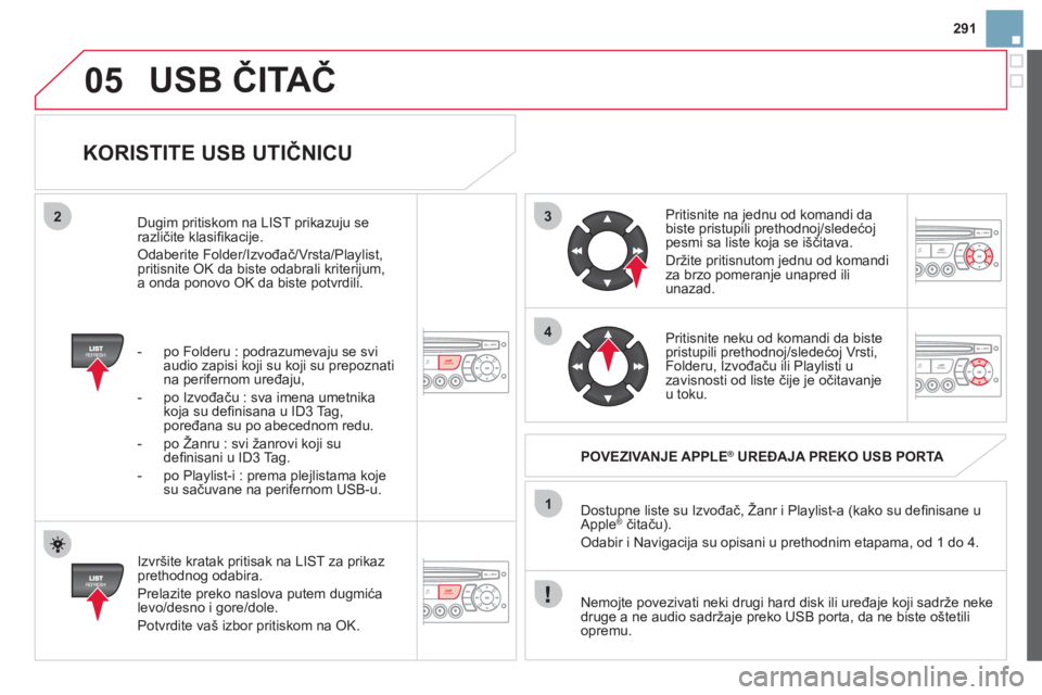 CITROEN DS3 2013  Priručnik (in Serbian) 291
3
4
05
2
1
LISTREFRESH
LISTREFRESH
   
KORISTITE USB UTIČNICU 
 
 
Izvršite kratak pritisak na LIST za prikaz prethodnog odabira.
  Prelazite preko naslova putem du
gmića 
levo/desno i gore/dol