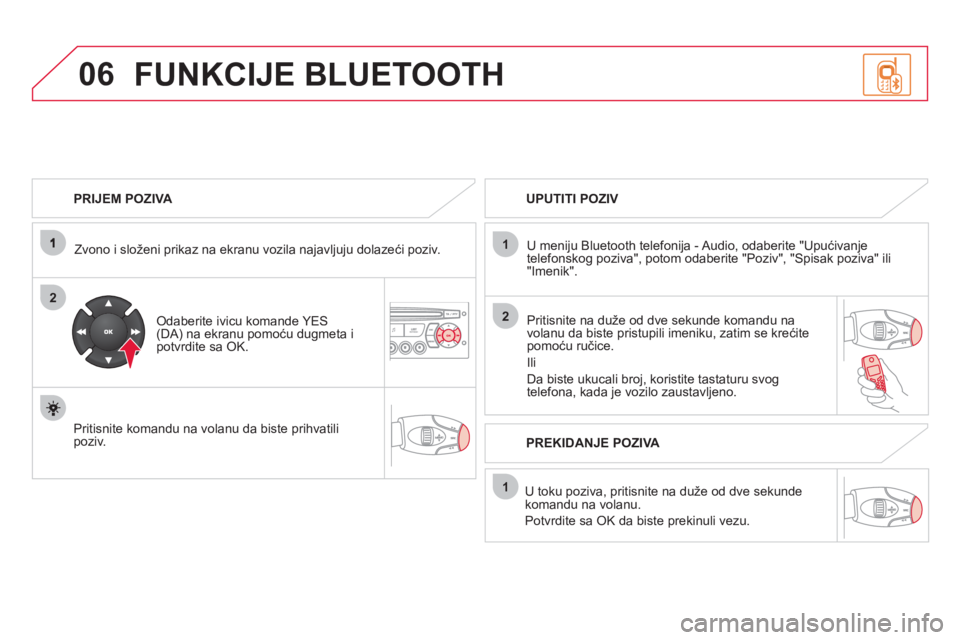CITROEN DS3 2013  Priručnik (in Serbian) 06
2
1
2
1
OK
   
PRIJEM POZIVA 
 
   
Zvono i složeni prikaz na ekranu vozila najavljuju dolazeći poziv.  
   
Odaberite ivicu komande YES(DA) na ekranu pomoću dugmeta ipotvrdite sa OK.
   
Pritis