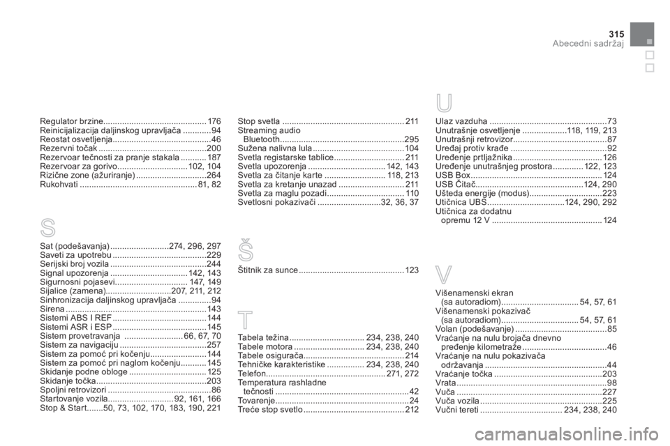 CITROEN DS3 2013  Priručnik (in Serbian) 315
Abecedni sadržaj
Regulator brzine............................................176Reinicijalizacija daljinskog upravljača............94Reostat osvetljenja .........................................