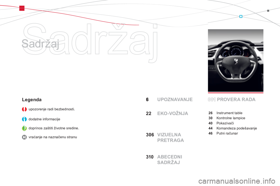 CITROEN DS3 2011  Priručnik (in Serbian)   Sadržaj 
   
Sadržaj  
 UPOZNAVANJE PROVERA RADA
26Instrument table
30 Kontrolne lampice
40Pokazivači
44Komandeza podešavanje
46 Putni računar
Legenda 
upozorenje radi bezbednosti.  
dodatne in