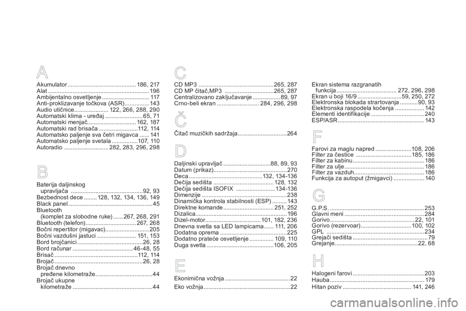 CITROEN DS3 2011  Priručnik (in Serbian) A
Akumulator..........................................r186,217Alat..............................................................196Ambijentalno osvetljenje .............................117Anti-prokliz