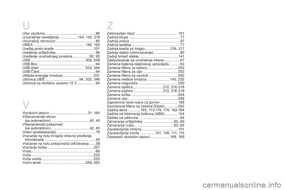 CITROEN DS3 CABRIO 2017 Priručnik (in Serbian) DS3_sr_Chap12_index-recherche_ed02-2015
UZ
V
Vazdušni jastuci ...................................... 3 1, 164
Višenamenski ekran (sa autoradiom)
....................................... 42,
45
V CITROEN DS3 CABRIO 2017 Priručnik (in Serbian) DS3_sr_Chap12_index-recherche_ed02-2015
UZ
V
Vazdušni jastuci ...................................... 3 1, 164
Višenamenski ekran (sa autoradiom)
....................................... 42,
45
V