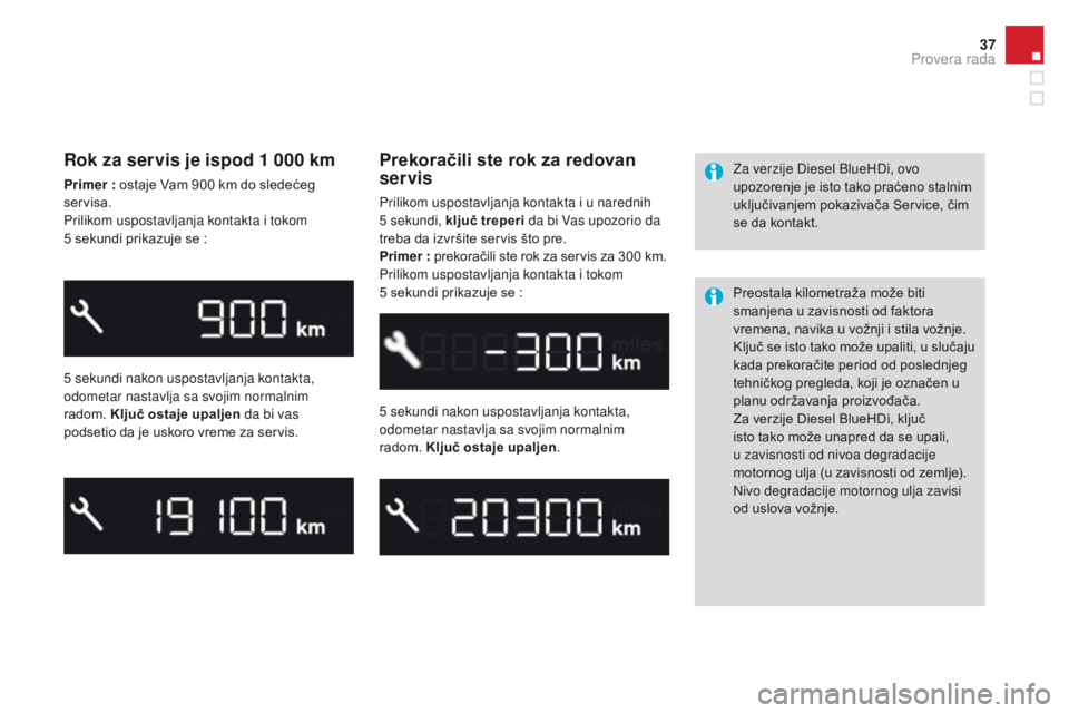 CITROEN DS3 CABRIO 2017 Priručnik (in Serbian) 37
DS3_sr_Chap01_controle-de-marche_ed02-2015
Rok za servis je ispod 1 000 km
Primer : ostaje Vam 900 km do sledećeg
ser visa.
Prilikom uspostavljanja kontakta i tokom
5
se
kundi prikazuje se
:
CITROEN DS3 CABRIO 2017 Priručnik (in Serbian) 37
DS3_sr_Chap01_controle-de-marche_ed02-2015
Rok za servis je ispod 1 000 km
Primer : ostaje Vam 900 km do sledećeg
ser visa.
Prilikom uspostavljanja kontakta i tokom
5
se
kundi prikazuje se
: