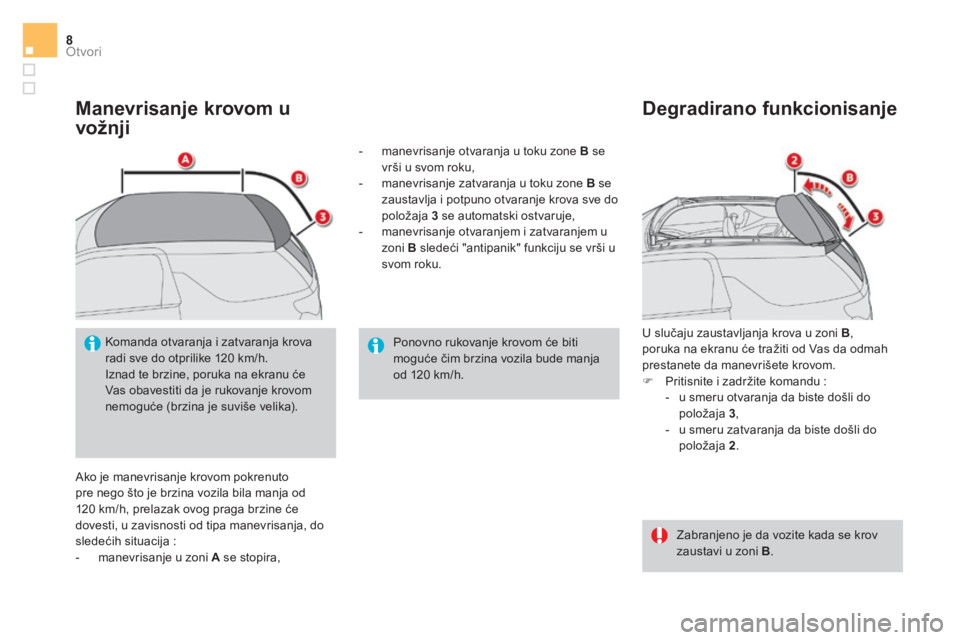 CITROEN DS3 CABRIO 2017 Priručnik (in Serbian) Otvori8
DS3-Cabrio_sr_Chap02_ouvertures_ed02-2015
Manevrisanje krovom u
vožnji
Ako je manevrisanje krovom pokrenuto
pre nego što je brzina vozila bila manja od
120 km/h, prelazak ovog praga b CITROEN DS3 CABRIO 2017 Priručnik (in Serbian) Otvori8
DS3-Cabrio_sr_Chap02_ouvertures_ed02-2015
Manevrisanje krovom u
vožnji
Ako je manevrisanje krovom pokrenuto
pre nego što je brzina vozila bila manja od
120 km/h, prelazak ovog praga b