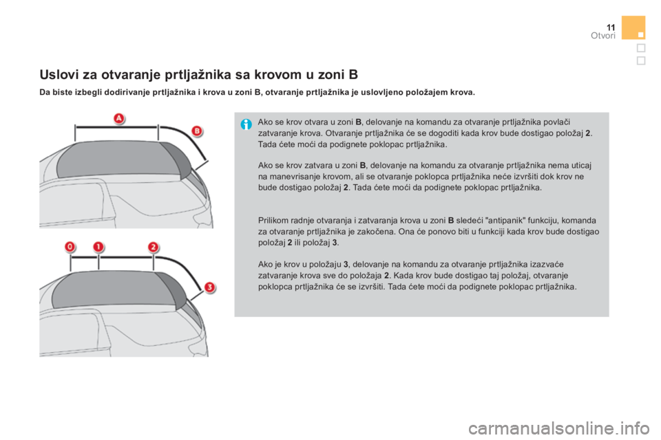 CITROEN DS3 CABRIO 2017 Priručnik (in Serbian) 11Otvori
DS3-Cabrio_sr_Chap02_ouvertures_ed02-2015
Ako se krov otvara u zoni B , delovanje na komandu za otvaranje prtljažnika povlači
zatvaranje krova. Otvaranje prtljažnika će se dogoditi ka CITROEN DS3 CABRIO 2017 Priručnik (in Serbian) 11Otvori
DS3-Cabrio_sr_Chap02_ouvertures_ed02-2015
Ako se krov otvara u zoni B , delovanje na komandu za otvaranje prtljažnika povlači
zatvaranje krova. Otvaranje prtljažnika će se dogoditi ka