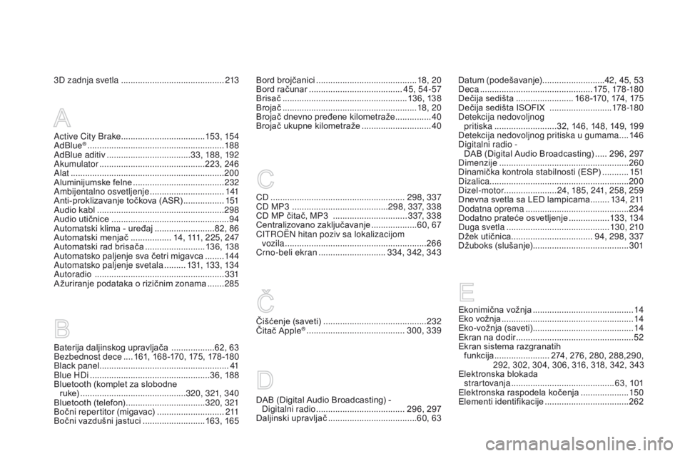 CITROEN DS3 CABRIO 2016  Priručnik (in Serbian) DS3_sr_Chap12_index-recherche_ed01-2015
3D zadnja svetla ...........................................2 13
Active City Brake  
................................... 15

3, 15 4
AdBlue
® .................