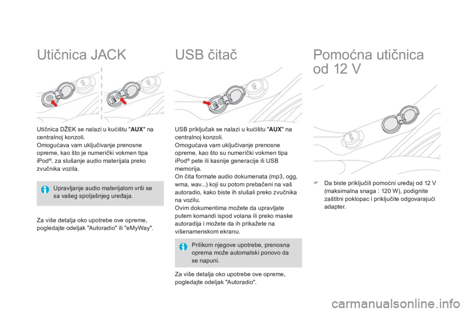 CITROEN DS3 CABRIO 2015  Priručnik (in Serbian) ds3_sr_Chap05_amenagement_ed01-2014
Utičnica JaCk
Utičnica dŽe k  se nalazi u kućištu " AUX" na 
centralnoj konzoli.
om

ogućava vam uključivanje prenosne 
opreme, kao što je numeričk