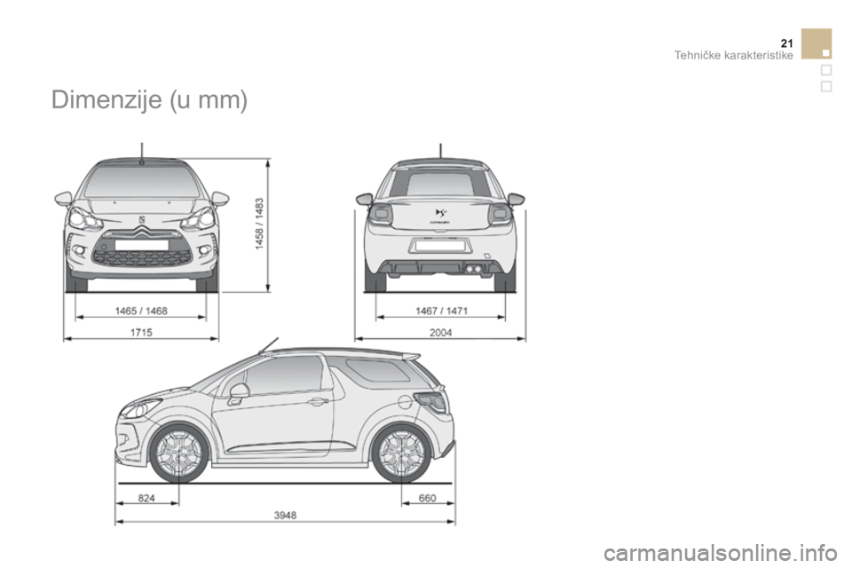 CITROEN DS3 CABRIO 2015 Priručnik (in Serbian) 21Tehničke karakteristike
DS3-Cabrio_sr_Chap12_caracteristiques_ed02-2014
D i m e n z i j e ( u m m ) CITROEN DS3 CABRIO 2015 Priručnik (in Serbian) 21Tehničke karakteristike
DS3-Cabrio_sr_Chap12_caracteristiques_ed02-2014
D i m e n z i j e ( u m m )